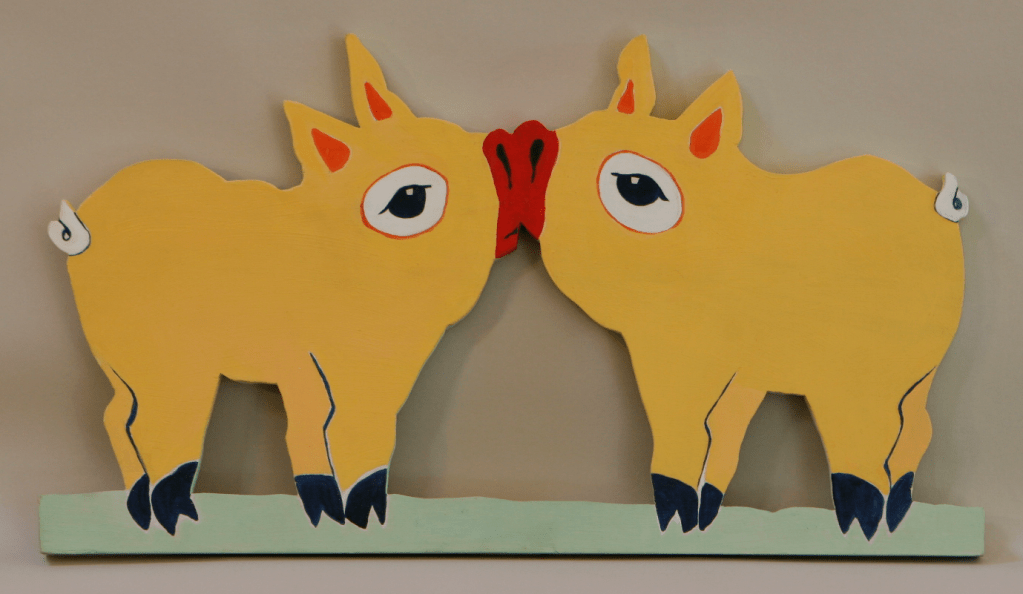 painting of two pigs kissing